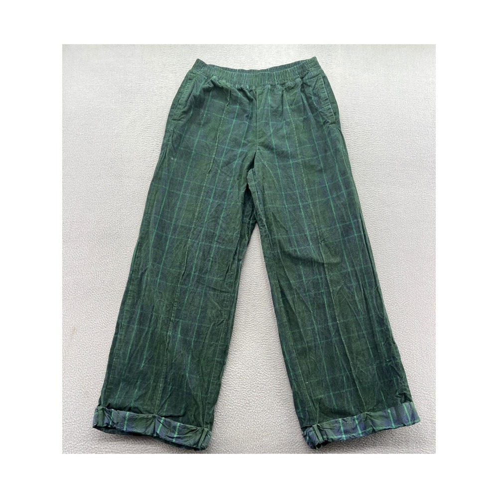 Offline by Aerie Pants Sz S Green Plaid Corduroy Wide Leg Elastic Waist Check